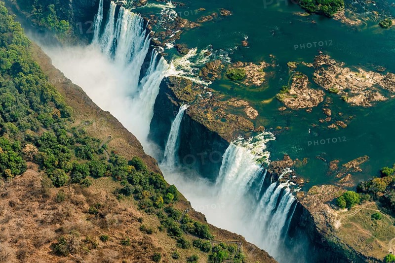 Victoria Falls at drought near Livingstone, Zimbabwe, as aerial shot made from a helicopter, Africa