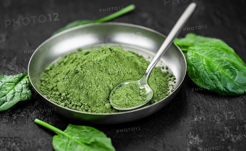 Homemade green spinach powder (close up shot, selective focus)