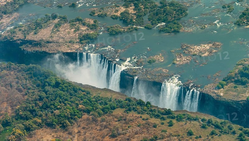 Victoria Falls at drought near Livingstone, Zimbabwe, as aerial shot made from a helicopter, Africa