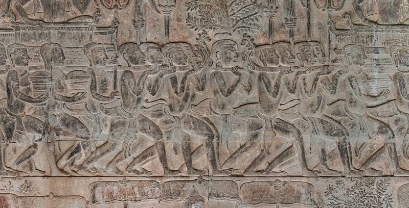 Detailed shots of the reliefs in the Angkor Wat temple, Cambodia, Asia
