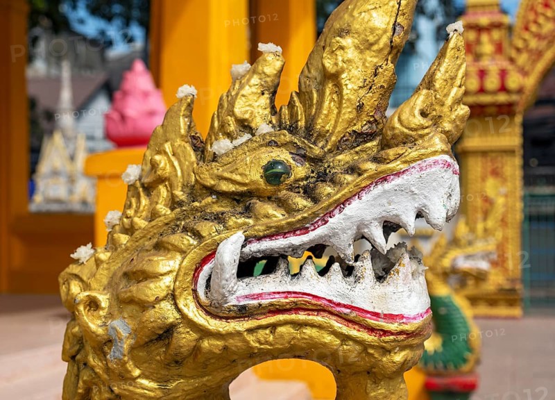 Close-up of gilded Naga, guardian deity, Wat Mixai, Vientiane, Laos, Asia