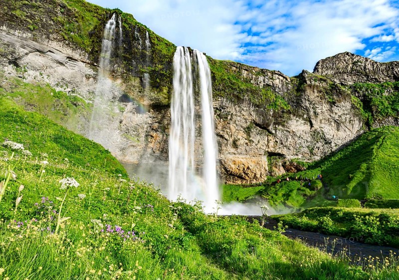 Seljalandsfoss waterfall in south Iceland during a sunset