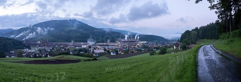 Voestalpine steelworks in the Donawitz district, known for the first application of the Linz-Donawitz process for steel production, panoramic photo, Leoben, Styria, Austria, Europe