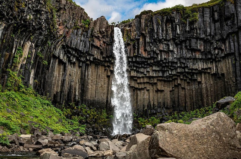Svartifoss waterfall in the Skaftafell National Park Iceland during a summer day