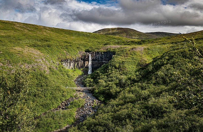 Svartifoss waterfall surrounded by dark basalt columns in Iceland