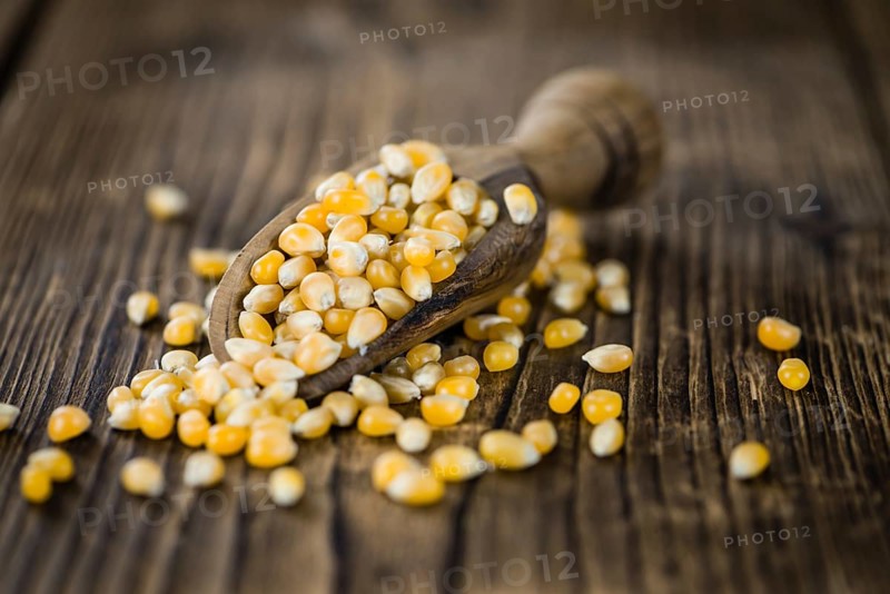 Dried Corn on a wooden table (detailed close-up shot, selective focus)