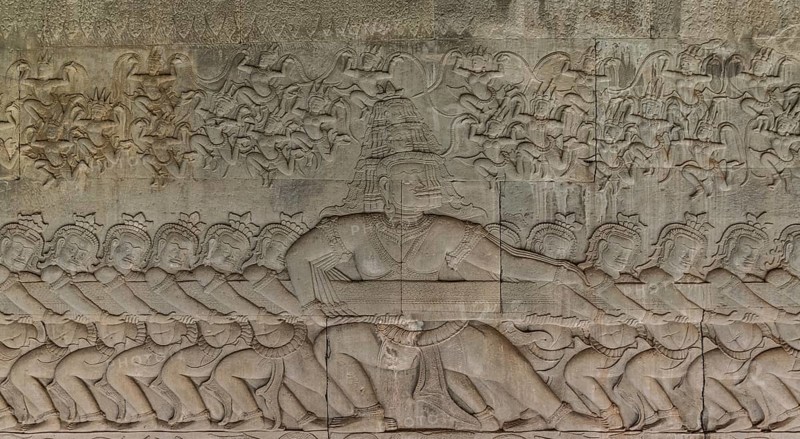 Detailed shots of the reliefs in the Angkor Wat temple, Cambodia, Asia