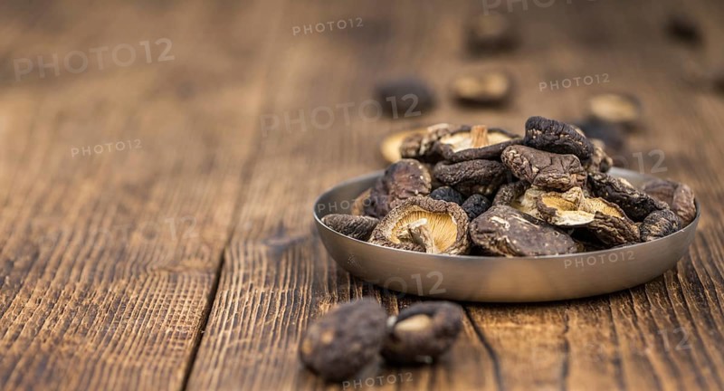Some homemade Shiitake mushrooms (dried) as detailed close-up shot, selective focus