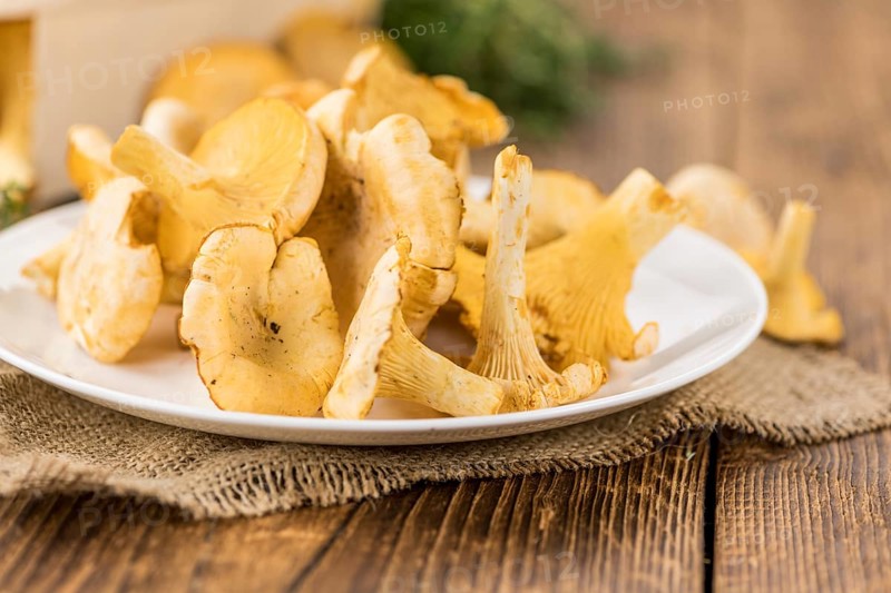 Portion of fresh harvested Chanterelles on wooden background as detailed close-up shot (selective focus)