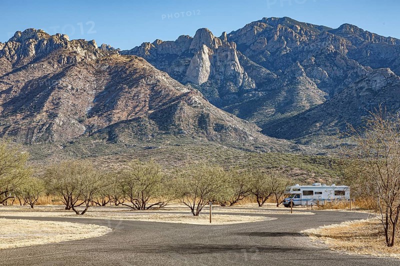 Motorhome parked at campground in Catalina State park near Tucson, Arizona