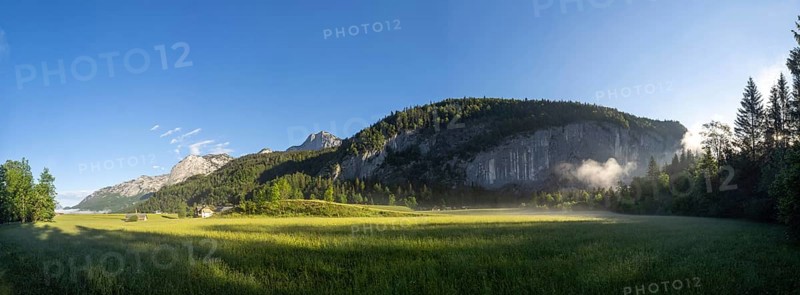 Morning atmosphere at sunrise, early morning fog in a forest, behind the Gossler Wand, panoramic shot, Gossl, Salzkammergut, Styria, Austria, Europe