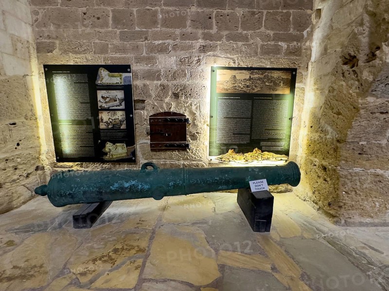 Exhibit historical old cannon in medieval 16th century fortress built by Republic of Venice old name Castello Rocca al Mare today Koules in harbour of Iraklion today museum, Heraklion, Crete, Greece, Europe