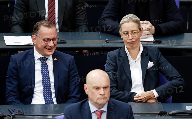Alice Weidel, AfD parliamentary group leader and Tino Chrupalla, AfD federal chairman and AfD parliamentary group leader, during a session of the Bundestag, Berlin, 06/06/2024, Berlin, Berlin, Germany, Europe