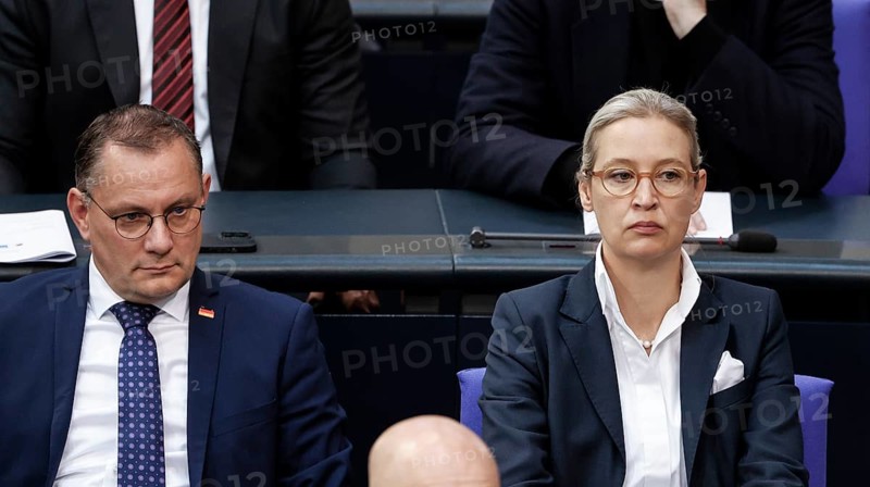 Alice Weidel, AfD parliamentary group leader and Tino Chrupalla, AfD federal chairman and AfD parliamentary group leader, during a session of the Bundestag, Berlin, 06/06/2024, Berlin, Berlin, Germany, Europe
