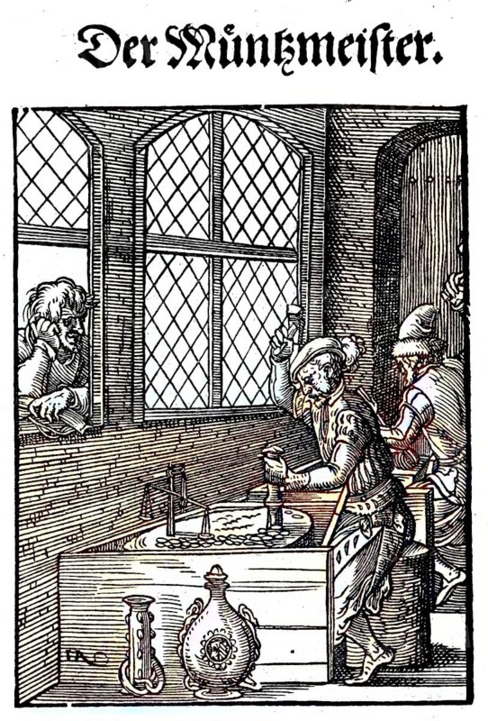 The Mint Master, woodcut from the, Das Staendebuch, a famous series of woodcuts of the craft of Amman, 1568, Germany, craft, labour, craftsman, In medieval and early modern Germany, digital reproduction of an original from the 19th century, original date unknown, Europe