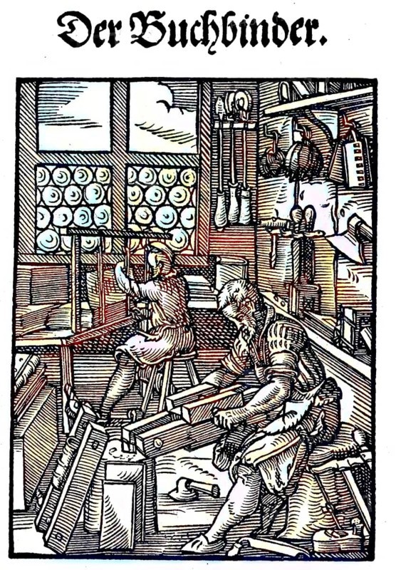 The bookbinder, woodcut from the, Das Staendebuch, a famous series of woodcuts of the craft of Amman, 1568, Germany, craft, labour, craftsman, digital reproduction of an original from the 19th century, original date unknown, Europe