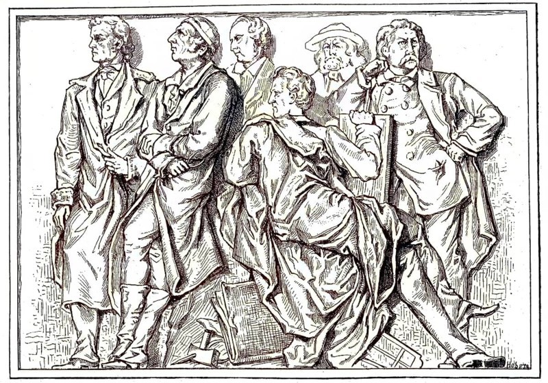 From left, Rietschel, G. Schadow, W. Schadow, Schnorr von Carolsfeld, Rethel and Schwind, are the figures from the relief friezes by Geyer in the Nationalgalerie Berlin, Germany, digital reproduction of an original 19th century model, original date unknown, Europe