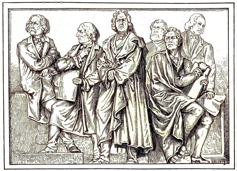 From left Wilhelm von Kaulbach, Peter von Cornelius, Christian Daniel Rauch, Gustav Blaeser, Karl Friedrich Schinkel and Friedrich August Stueler, are the figures from the relief friezes by Geyer in the Nationalgalerie Berlin, Germany, digital reproduction of an original 19th century model, original date unknown, Europe