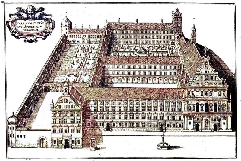 The Jesuit College in Munich, copperplate engraving by Merian in Topogr. Bavariae, Germany, digital reproduction of an original from the 19th century, original date unknown, Europe