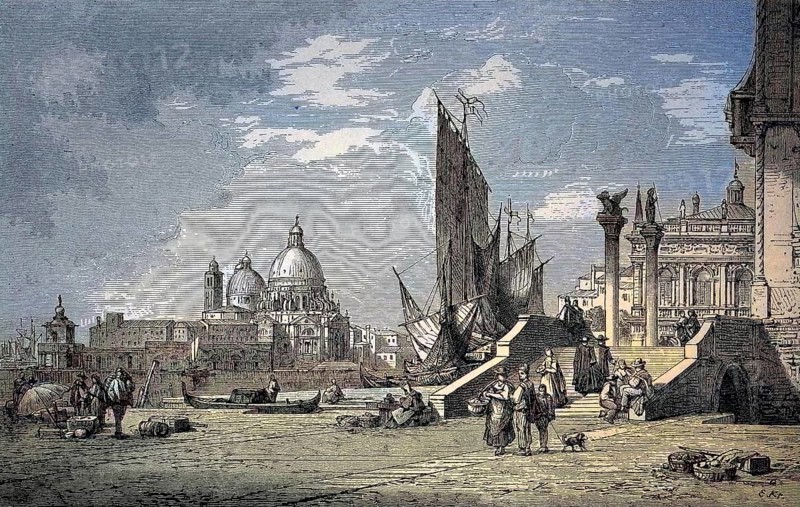 Scene on the Riva degli Schiavoni, is a waterfront in Venice, Italy, digital reproduction of an original from the 19th century, original date unknown, Europe