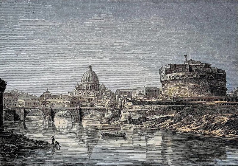 St Peter's Basilica and the Castel Sant'Angelo or Mausoleum of Hadrian, usually known as Castel Sant'Angelo or Castle of the Holy Angel in Rome, Italy, digital reproduction of a 19th century original, original date unknown, Europe