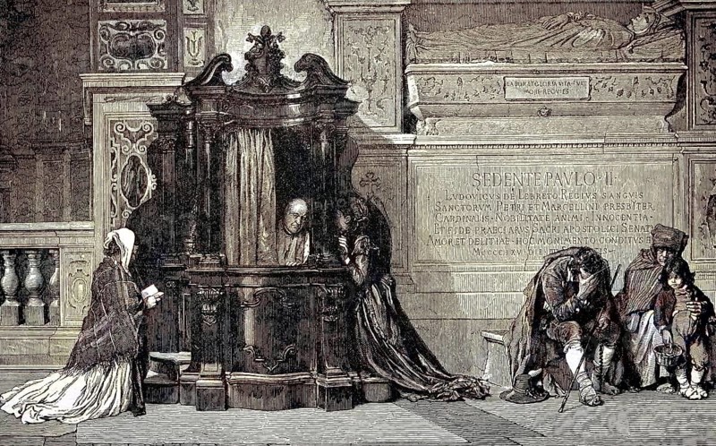 Priest in the confessional, the sins of the faithful ring out, confession in St Peter's, Italy, digital reproduction of an original from the 19th century, original date unknown, Europe