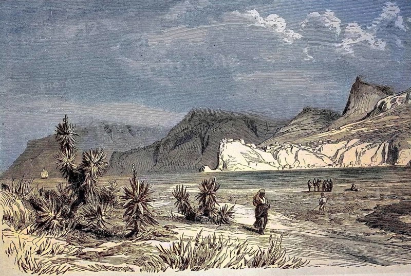 The Strait of Messina, Strait of Messina, Stretto di Messina, the narrow passage between the eastern tip of Sicily and the western tip of Calabria in southern Italy, digital reproduction of an original from the 19th century, original date unknown