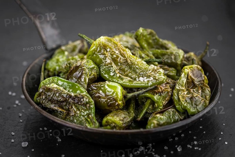 Portion of fresh Pimientos de Padron close-up shot, selective focus