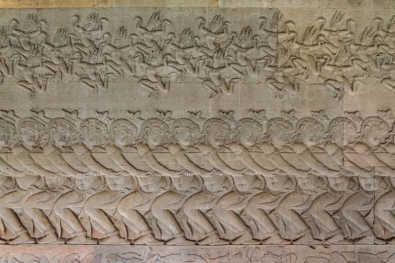 Detailed shots of the reliefs in the Angkor Wat temple, Cambodia, Asia