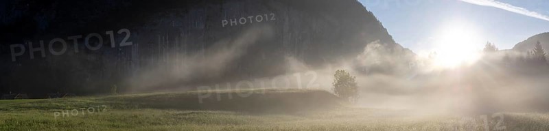 Morning atmosphere at sunrise, early morning fog over a meadow, behind the Gossler Wand, panoramic shot, Gossl, Salzkammergut, Styria, Austria, Europe