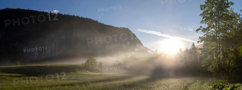 Morning atmosphere, early morning fog over a meadow, behind the Gossler Wand, panoramic shot, Gossl, Salzkammergut, Styria, Austria, Europe