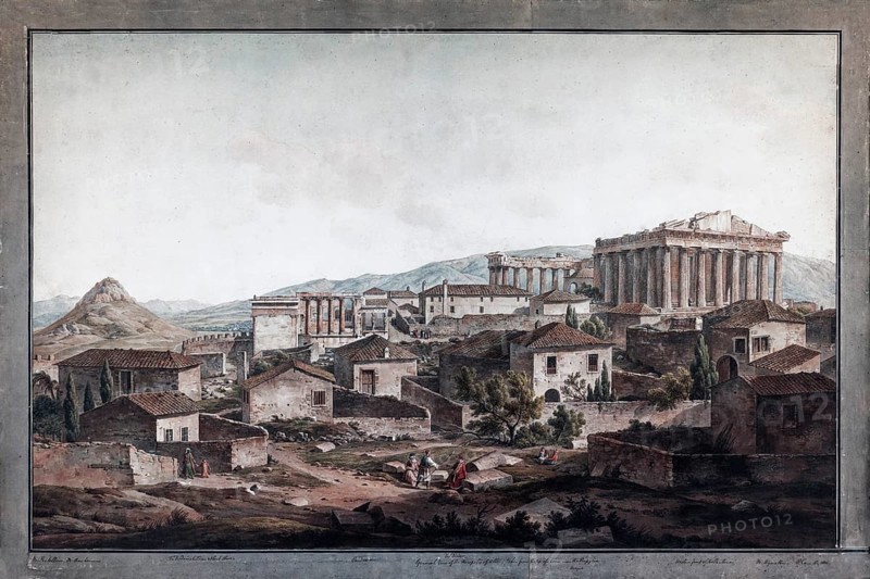 Historical view of the Acropolis, built up with houses, coloured engraving from1905, Agora Museum in the Stoa of Attalos, Athens, Greece, Europe