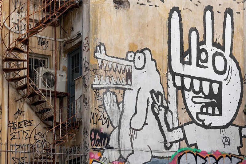Graffiti crocodile figures, street art in Exarchia, neighbourhood of the students and alternative scene, Athens, Greece, Europe