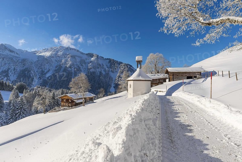 Gerstruben, a former mountain farming village in the Dietersbachtal valley near Oberstdorf, behind it the Himmelschrofen, 1791m, Allgäu Alps, Allgäu, Bavaria, Germany, Europe