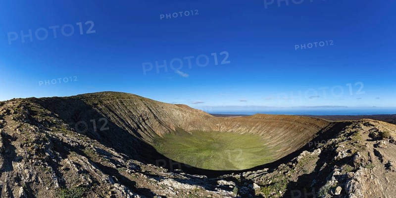 Panorama from the crater rim into the crater of Caldera Blanca, Parque Natural de Los Volcanes, Lanzarote, Canary Islands, Spain, Europe