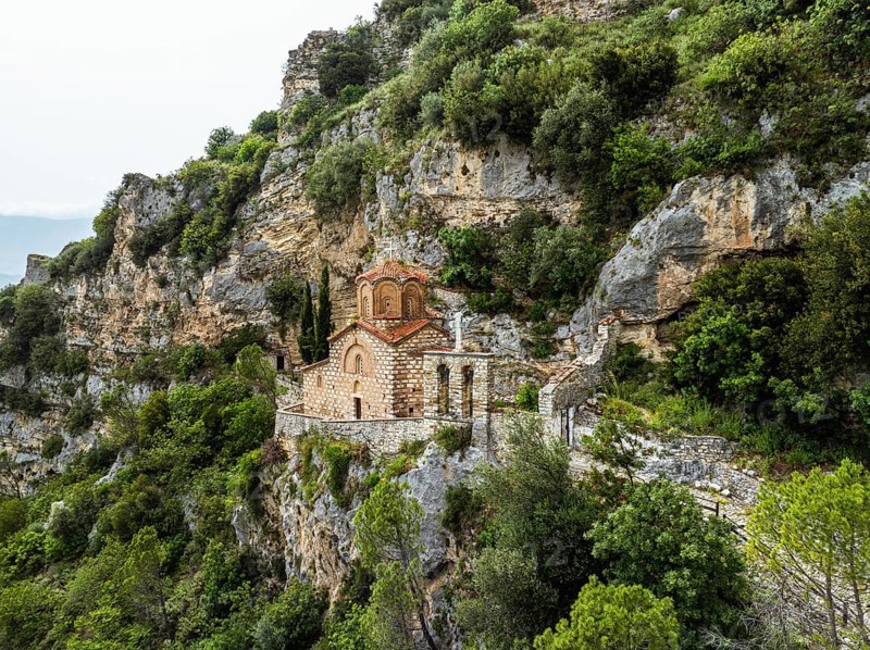 Stâ©. â©â¦Michael's Church, Byzantine â©â¦church in Berat from a drone, Osum River, Albania, Europe