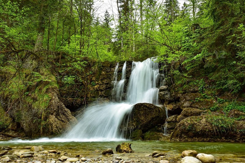 Long exposure of a waterfall on the Steigbach in the Steigbachtobel near Immenstadt in Oberallgäu, Bavaria, Germany, Europe