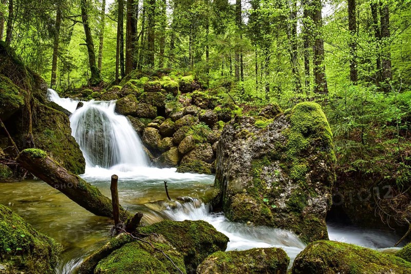 Long exposure of a waterfall on the Steigbach in the Steigbachtobel near Immenstadt in Oberallgäu, Bavaria, Germany, Europe