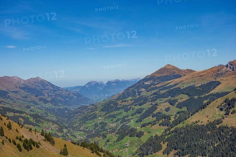 Panoramic view over a wide valley with mountains and forests under a clear sky, saas Fee, Alps, Switzerland, Europe