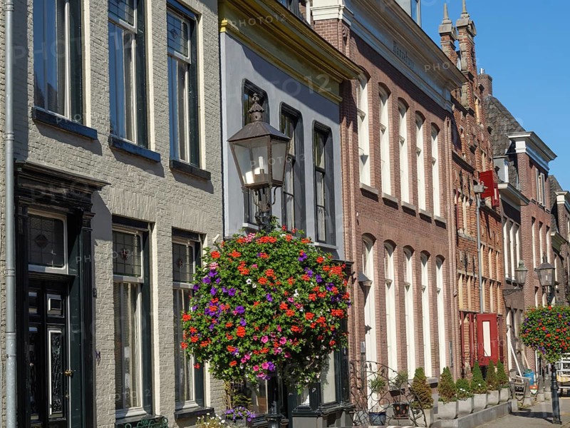 Street scene with terraced houses, large windows and hanging flower baskets under a clear sky, Doesburg, Netherlands