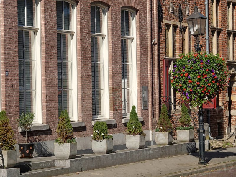 Facade of a brick building with large windows and plants in pots and a hanging flower basket, Doesburg, Netherlands