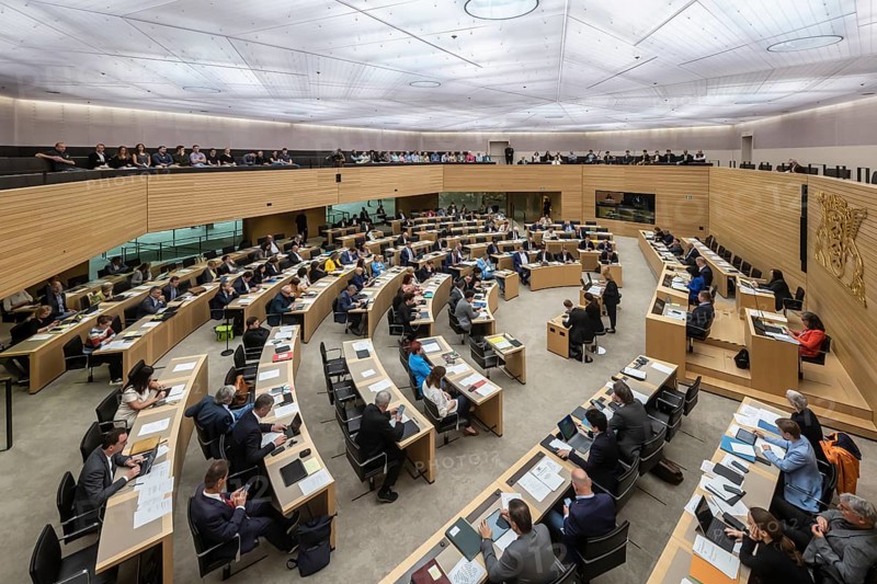 State parliament of Baden-Württemberg, plenum with state coat of arms and gallery with visitors. Stuttgart, Baden-Württemberg, Germany, Europe