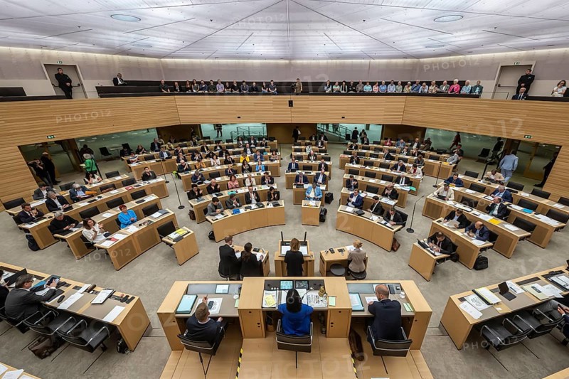 State parliament of Baden-Württemberg, assembly hall with state coat of arms. The seats of the members of parliament and ministers are empty. Stuttgart, Baden-Württemberg, Germany, Europe