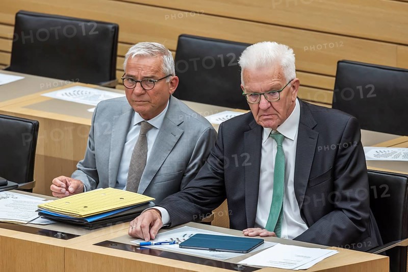 Winfried Kretschmann (right, Greens, Minister President of Baden-Württemberg) and his deputy, Interior Minister Thomas Strobl (CDU) . State Parliament of Baden-Württemberg. Stuttgart, Baden-Württemberg, Germany, Europe