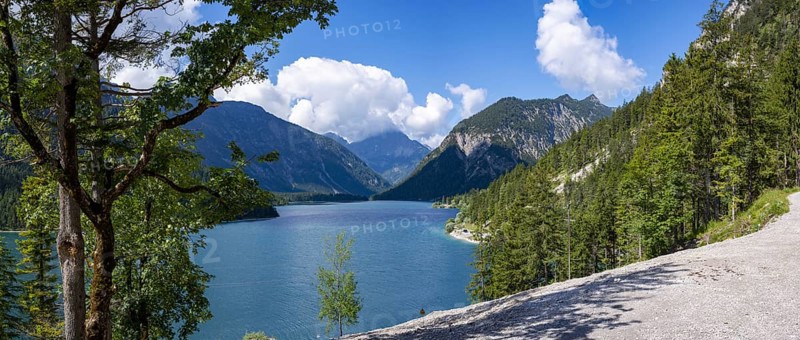 Plansee and Ammergau Alps, behind it the Thaneller, 2143m, Lechtal Alps, Tyrol, Austria, Europe