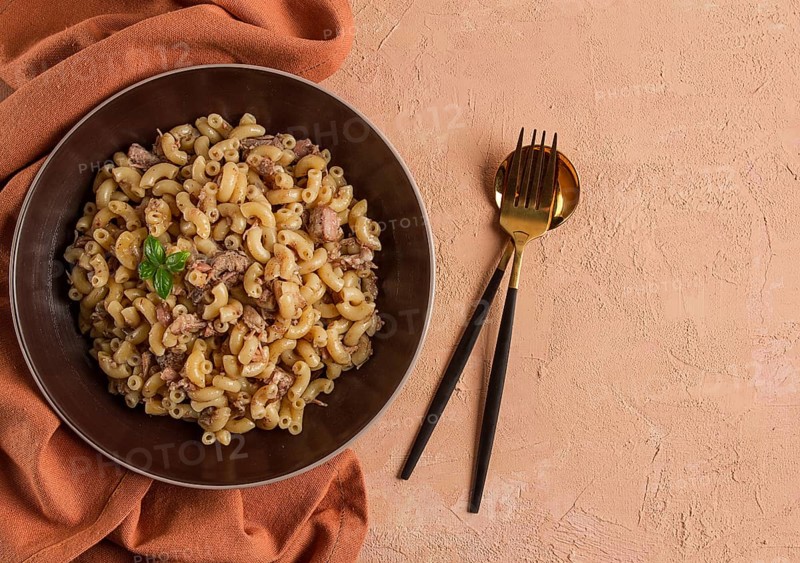 Pasta with stewed meat, pasta in the navy, horns, homemade, no people