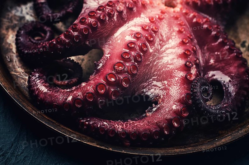 Boiled octopus, close-up, rustic style, no people, top view, close-up