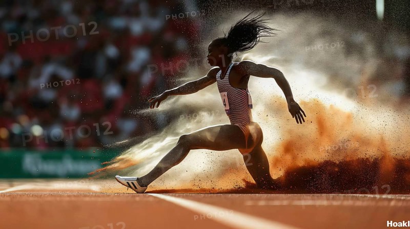 A sprinter kicks up orange dust as they powerfully race down the track, showcasing dynamic athleticism, AI generated