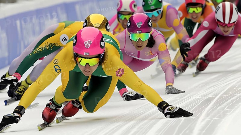 Speed skaters in colorful uniforms race intensely on ice, demonstrating focus and competitive spirit, AI generated