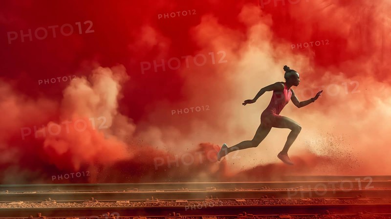A runner dashes through red smoke in an outdoor setting, highlighting dynamic movement and athletic performance, AI generated